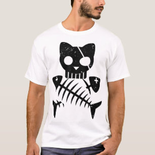 Camiseta Esqueleto de Gato e Peixe para a Noite de Hallowee