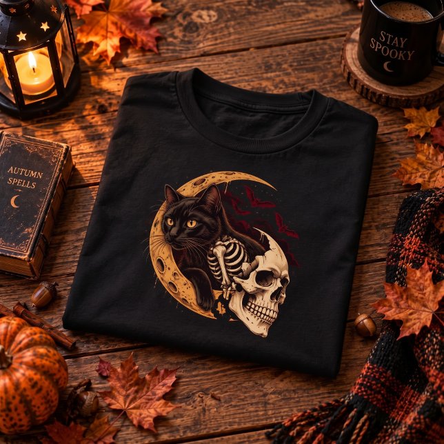 Camiseta Esqueleto de Gato Preto Crânio Lua Halloween (Black Cat Skeleton Moon Halloween T-Shirt)