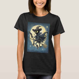 Camiseta Esqueleto de Gato Preto Usando Chapéu de Bruxas Mo
