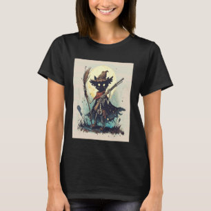 Camiseta Esqueleto de Gato Preto Usando Chapéu de Bruxas Mo