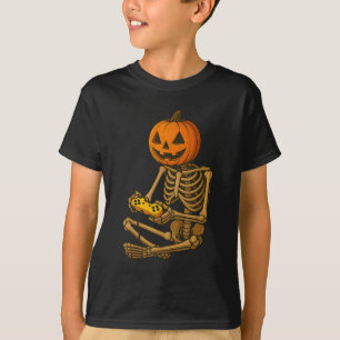 Camiseta Esqueleto de Halloween Abóbora Gamer Vídeo Jogos H