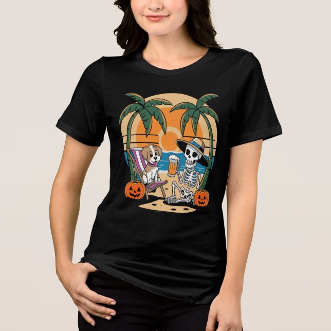 Camiseta Esqueleto de Halloween Beach Vibes com Vetor de Ce (Frente)