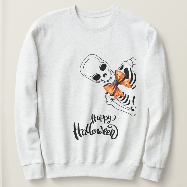 Camiseta Esqueleto de Halloween com Gravata Borboleta - Fel (Frente do Design)