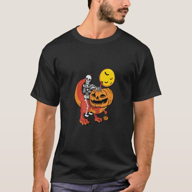 Camiseta Esqueleto de Halloween Dirige Dinossauro Abóbora R (Frente)