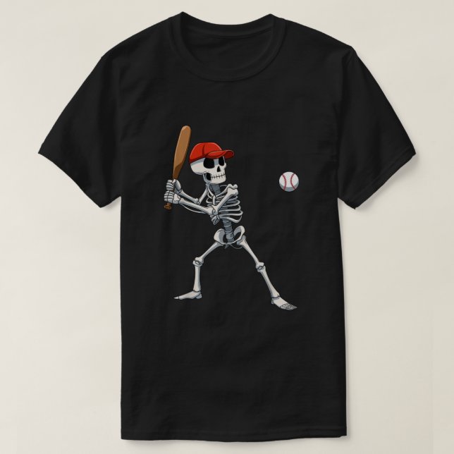 Camiseta Esqueleto de Halloween do Baseball tocando Baseb (Frente do Design)