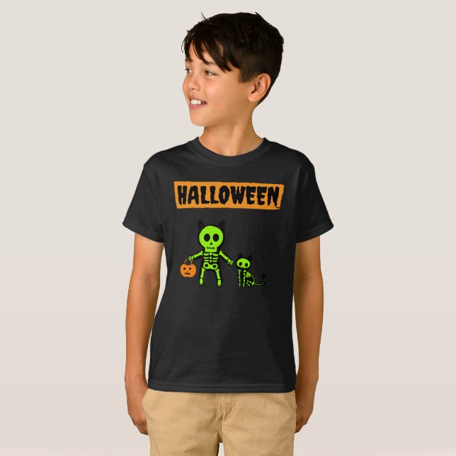 Camiseta Esqueleto de Halloween e Gato (Frente Completa)