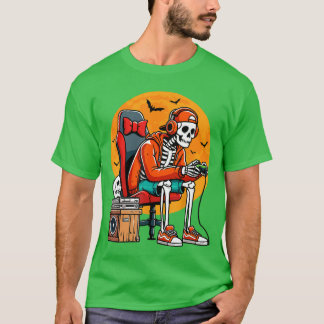 Camiseta Esqueleto de Halloween Gamer Divertido vídeo jogos