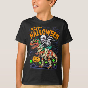 Camiseta Esqueleto de Halloween montando Múmia T Rex Dinoss