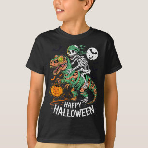 Camiseta Esqueleto de Halloween montando Múmia T Rex Dinoss