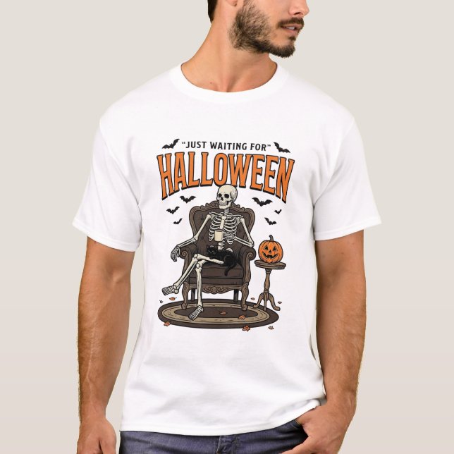 Camiseta Esqueleto de Halloween Só Esperando Divertido Vint (Frente)