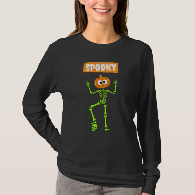Camiseta Esqueleto de Halloween Spooky com Cabeça de Abóbor (Frente)