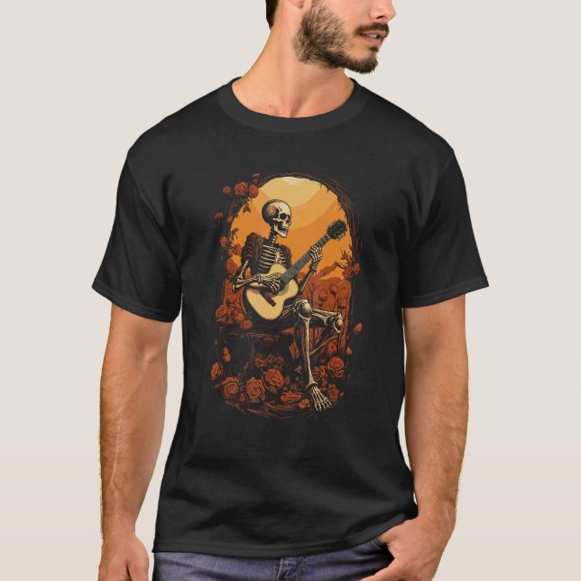 Camiseta Esqueleto de Halloween Tocando Banda de Rock de Gu (Frente)