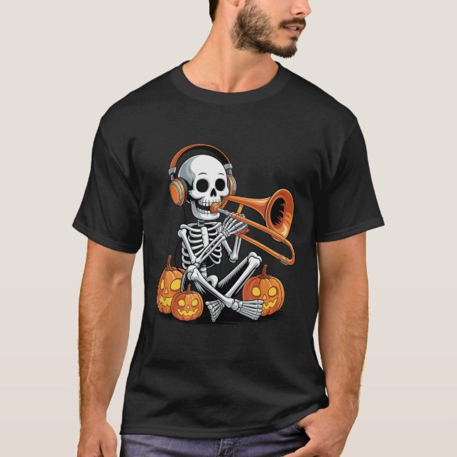 Camiseta Esqueleto de Halloween Trombone Trombonista (Frente)