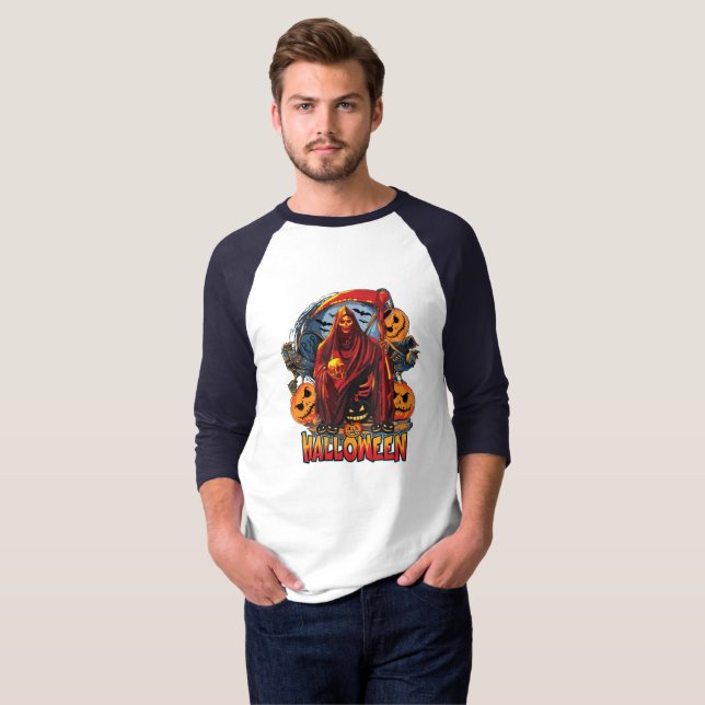 Camiseta Esqueleto de Mau de Halloween, Abóbora (Frente Completa)