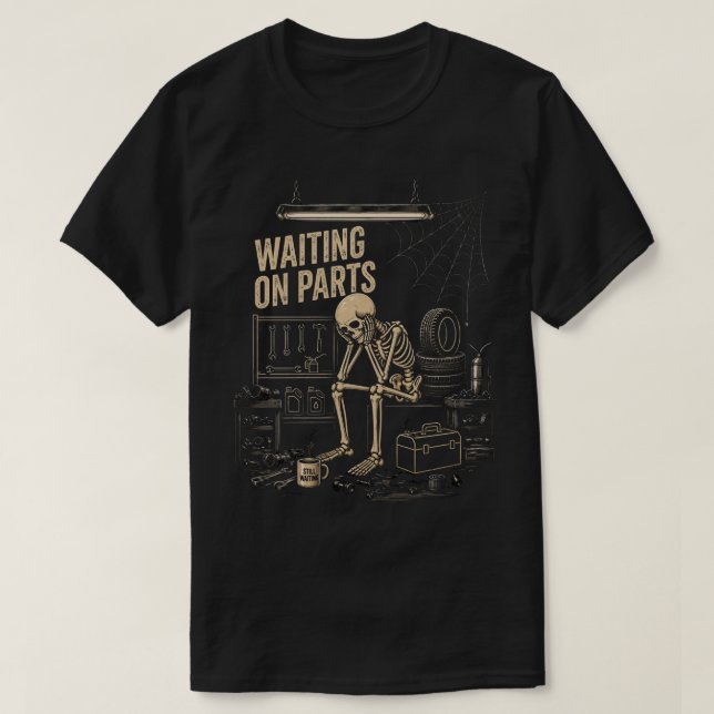 Camiseta Esqueleto de Mecânico à Espera de Peças (Frente do Design)