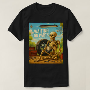 Camiseta Esqueleto de Mecânico Esperando Peças Garagem ao A