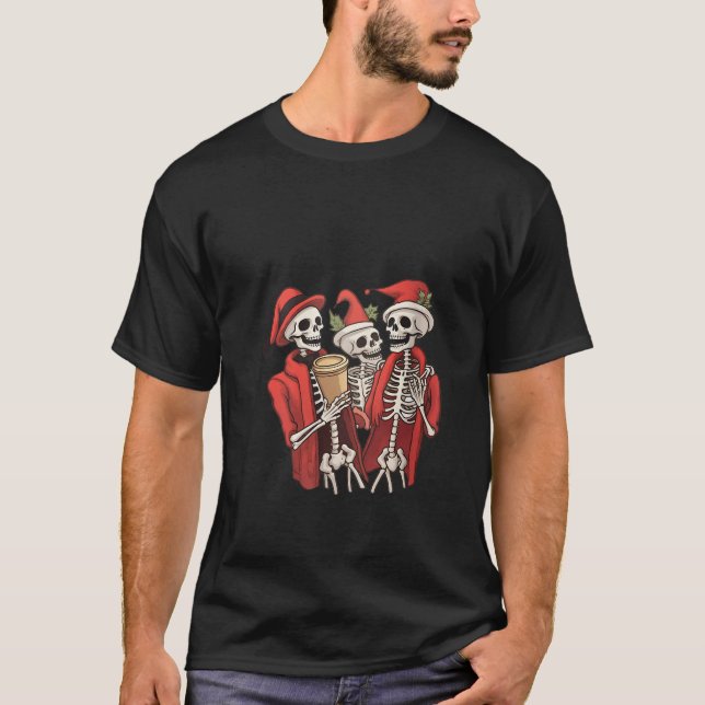 Camiseta Esqueleto De Natal Com Bebendo Crânio Sorridente C (Frente)