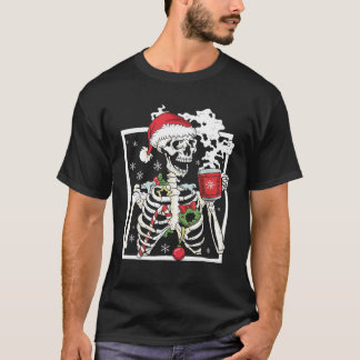 Camiseta Esqueleto De Natal Com Bebendo Crânio Sorridente C