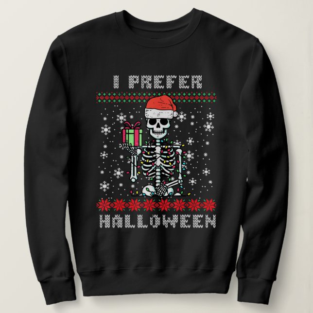 Camiseta Esqueleto de Natal Eu Prefiro o Halloween Natal Fe (Frente do Design)