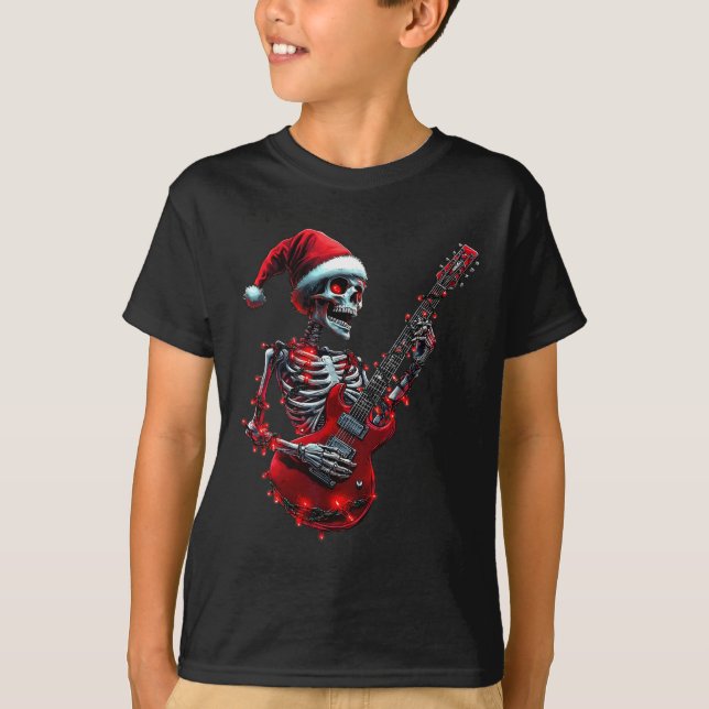 Camiseta Esqueleto de Natal Tocando Violão Rock And R (Frente)