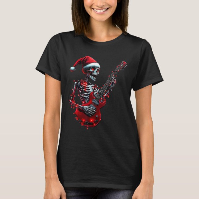 Camiseta Esqueleto de Natal Tocando Violão Rock And R (Frente)