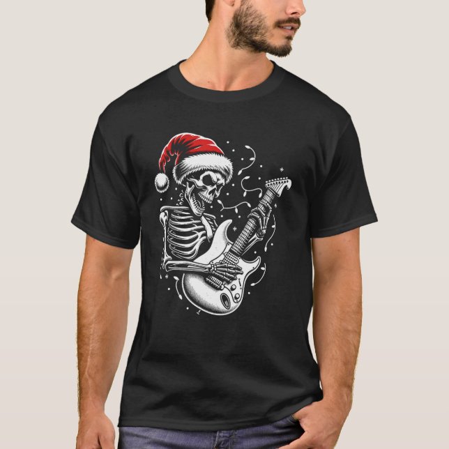 Camiseta Esqueleto De Natal Tocando Violão Rock E Roll Gu (Frente)