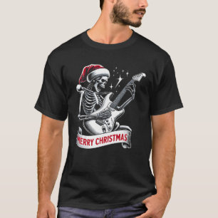 Camiseta Esqueleto De Natal Tocando Violão Rock E Roll Sa
