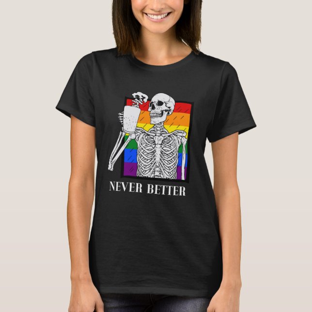 Camiseta Esqueleto de Orgulho gay LGBT para o Dia das Bruxa (Frente)