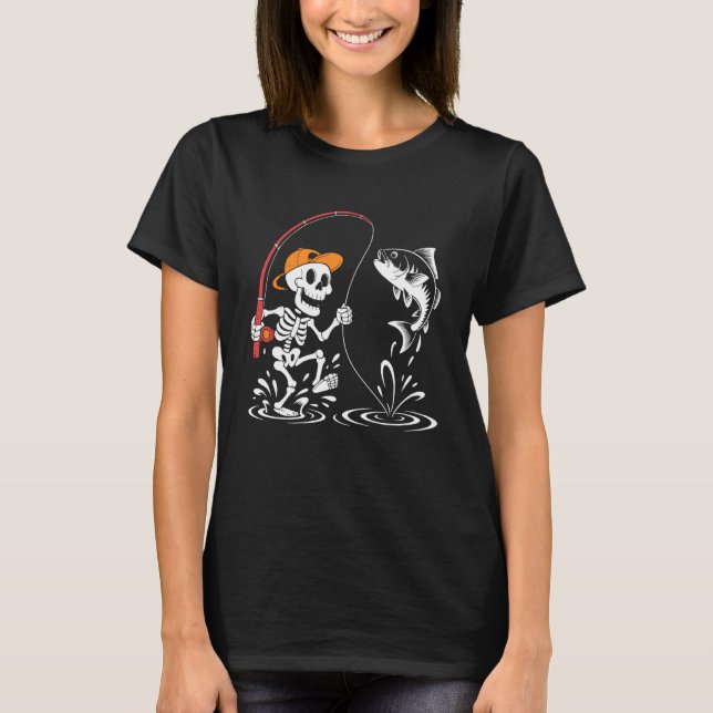 Camiseta Esqueleto de Pesca Diversão de Halloween para Cria (Frente)