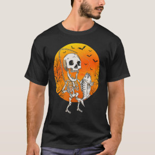 Camiseta Esqueleto de Pesca Pescador de Halloween Homens Mu