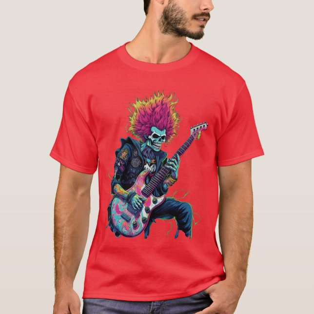 Camiseta Esqueleto de Rock Punk Tocando Guitarra Gráfico Ba (Frente)