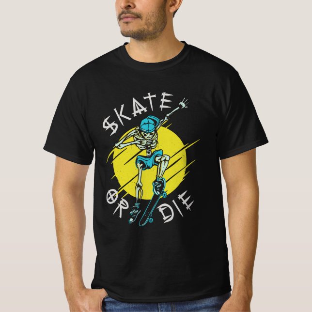 Camiseta Esqueleto de skate Esqueça ou morra (Frente)