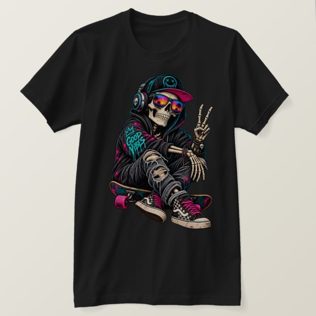 Camiseta Esqueleto de skate vibrante com sinal de paz e Po (Frente do Design)