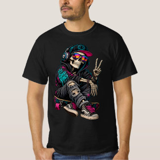 Camiseta Esqueleto de skate vibrante com sinal de paz e Po