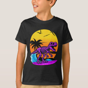 Camiseta Esqueleto de T-rex Surfando Neon Com Retrospectiva
