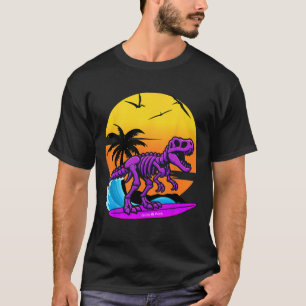 Camiseta Esqueleto de T-rex Surfando Neon Com Retrospectiva