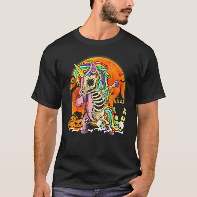 Camiseta Esqueleto de Unicórnio Dabbing de Halloween (Frente)