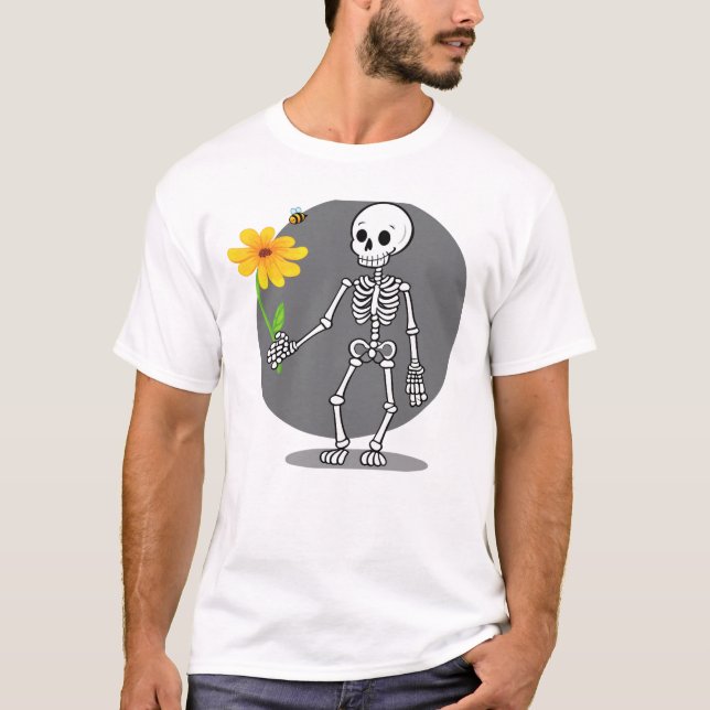 Camiseta Esqueleto divertido com sua flor amarela (Frente)