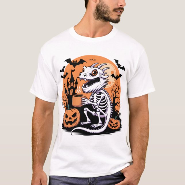Camiseta Esqueleto do dragão de Halloween bonito com café (Frente)