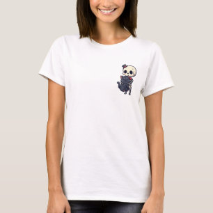 Camiseta Esqueleto Elegante e Adorável Abraçando Gato Preto
