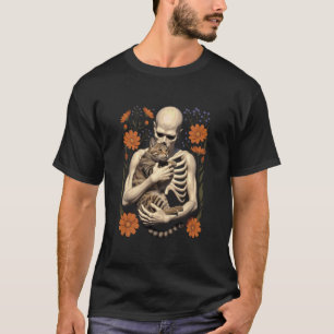 Camiseta Esqueleto Engraçado Abraçando Gato Floral Dia das