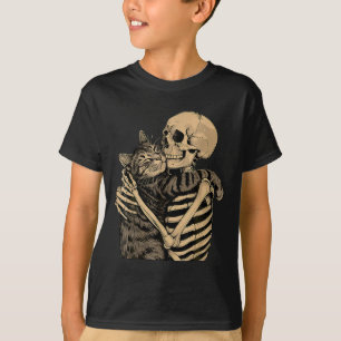 Camiseta Esqueleto Engraçado Abraçando Gato Halloween Homen