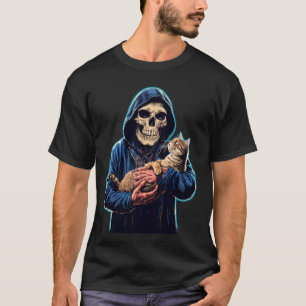 Camiseta Esqueleto engraçado brincando com um gato Crânio G
