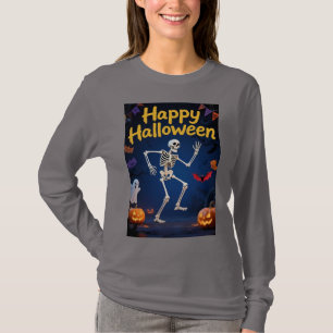 Camiseta Esqueleto Engraçado Dançando com Faixa "Feliz Hall