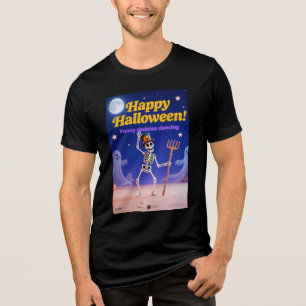 Camiseta Esqueleto Engraçado Dançando com Faixa "Feliz Hall