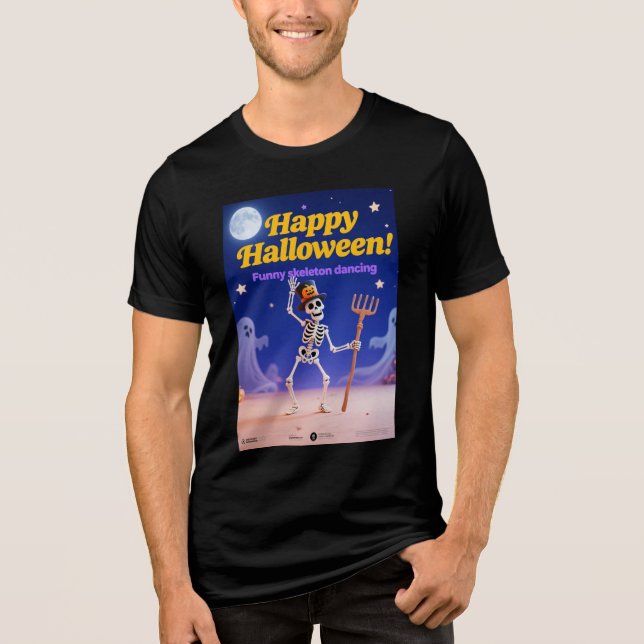 Camiseta Esqueleto Engraçado Dançando com Faixa "Feliz Hall (Frente)