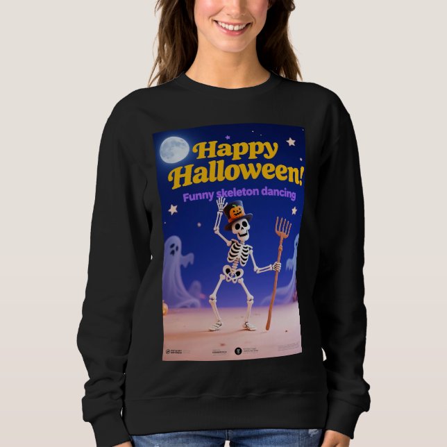 Camiseta Esqueleto Engraçado Dançando com Faixa "Feliz Hall (Frente)