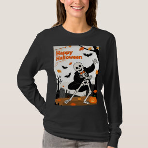 Camiseta Esqueleto Engraçado Dançando com Faixa "Feliz Hall