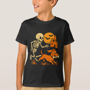 Camiseta Esqueleto Engraçado Perseguindo Cachorro Dachshund