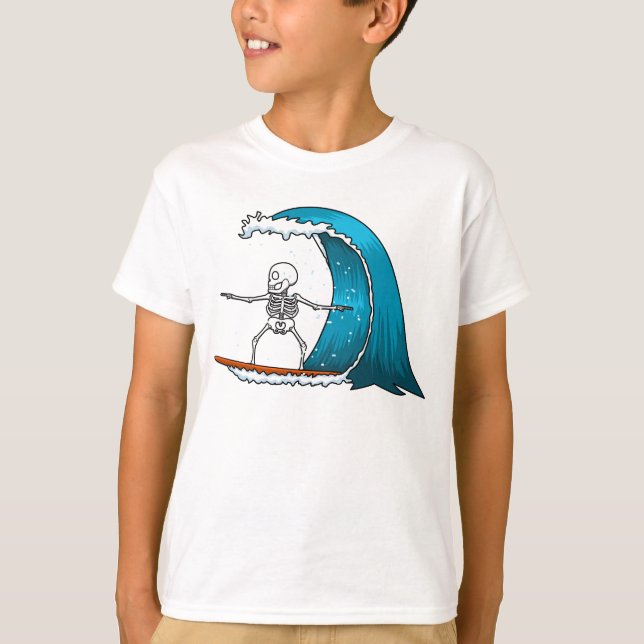 Camiseta Esqueleto Engraçado Surfando (Frente)
